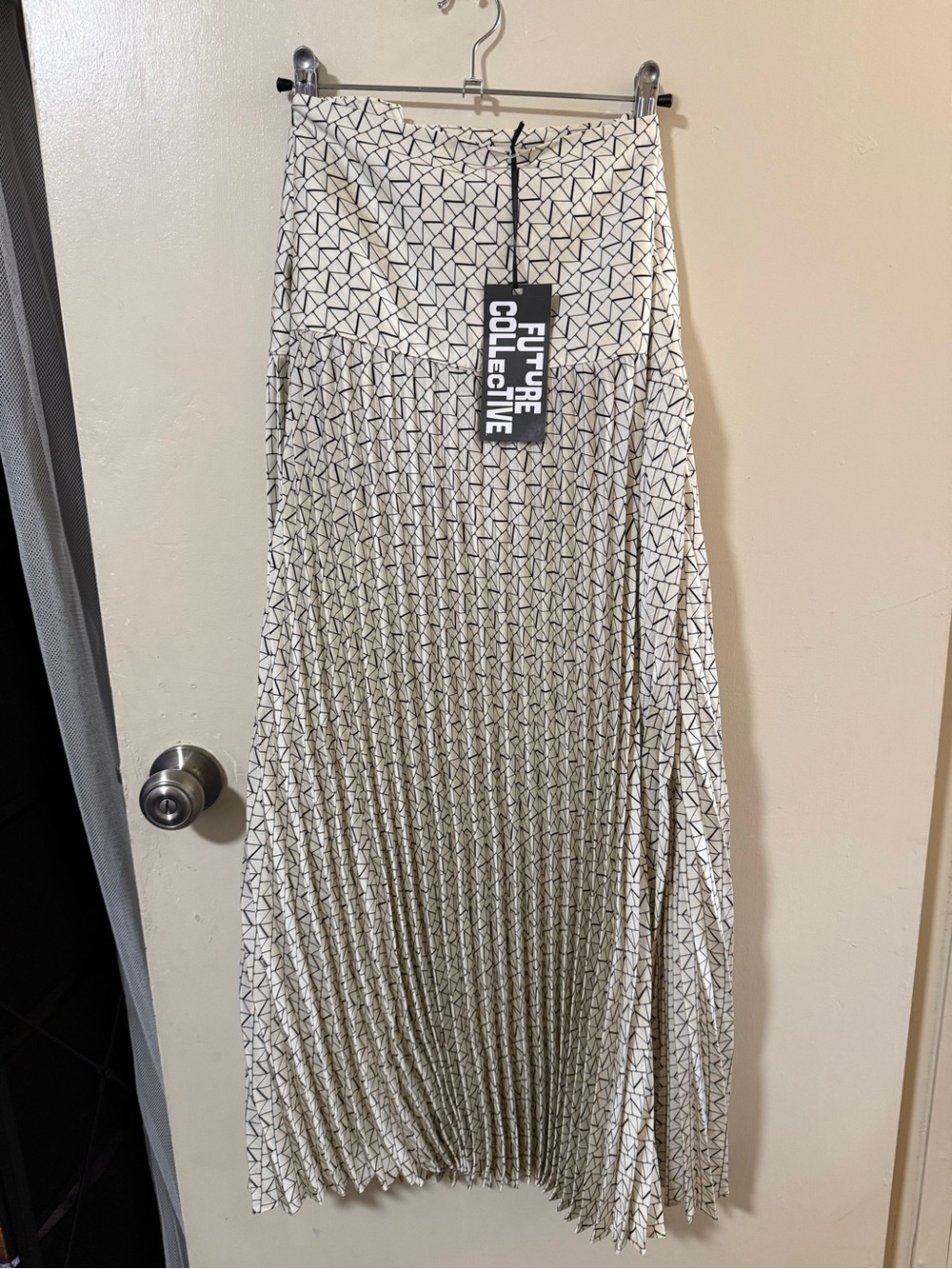 Future Collective Cream & Black Geometric Pleated Maxi Skirt